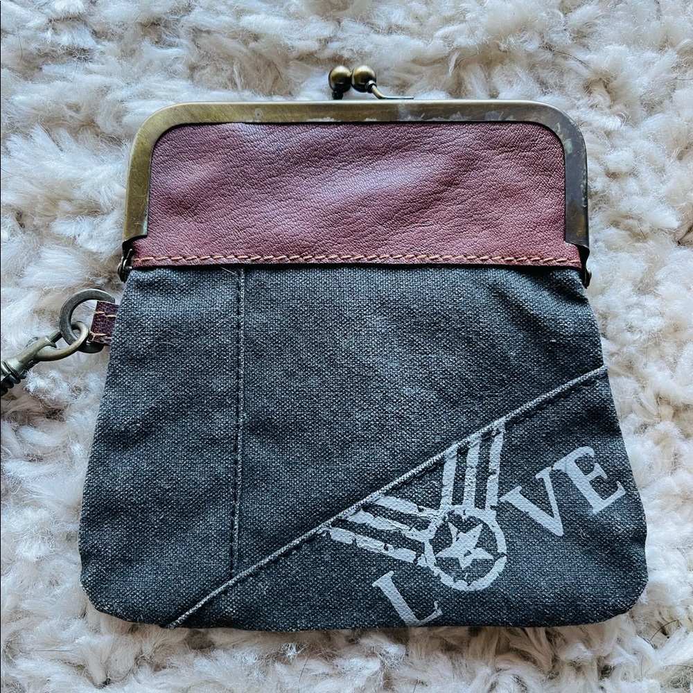 Mona B Vintage Recycled Canvas Wristlet Crossbody w/chain strap.